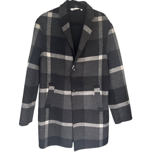 ZARA Womens Medium Gray & Black Plaid Wool Blend Coat - Picture 13 of 16